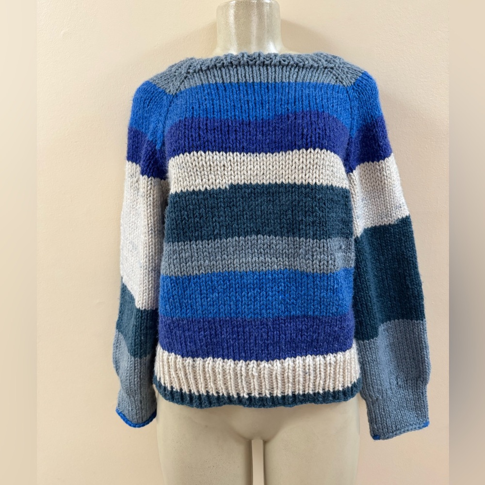 Handmade Striped Blue, White and Gray Women's Sweater Size Small/Medium EUC